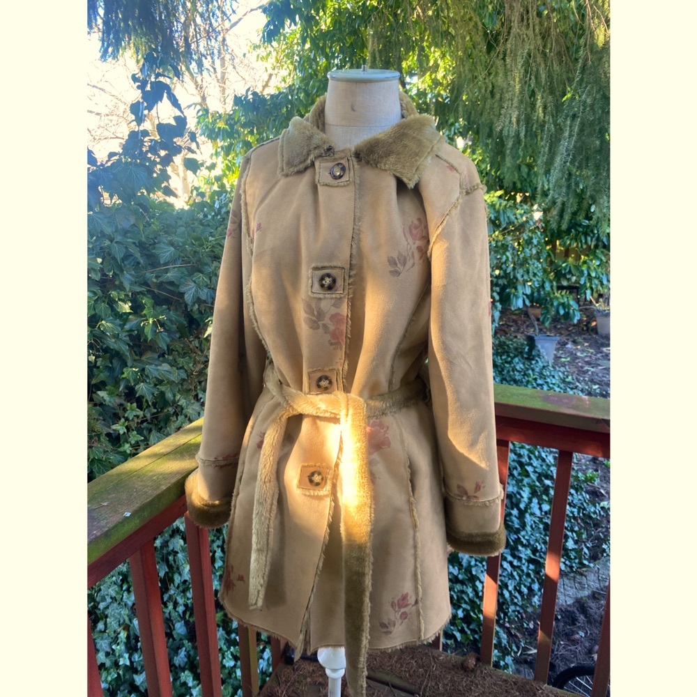 Vintage Suede Pea Coat with Flowers